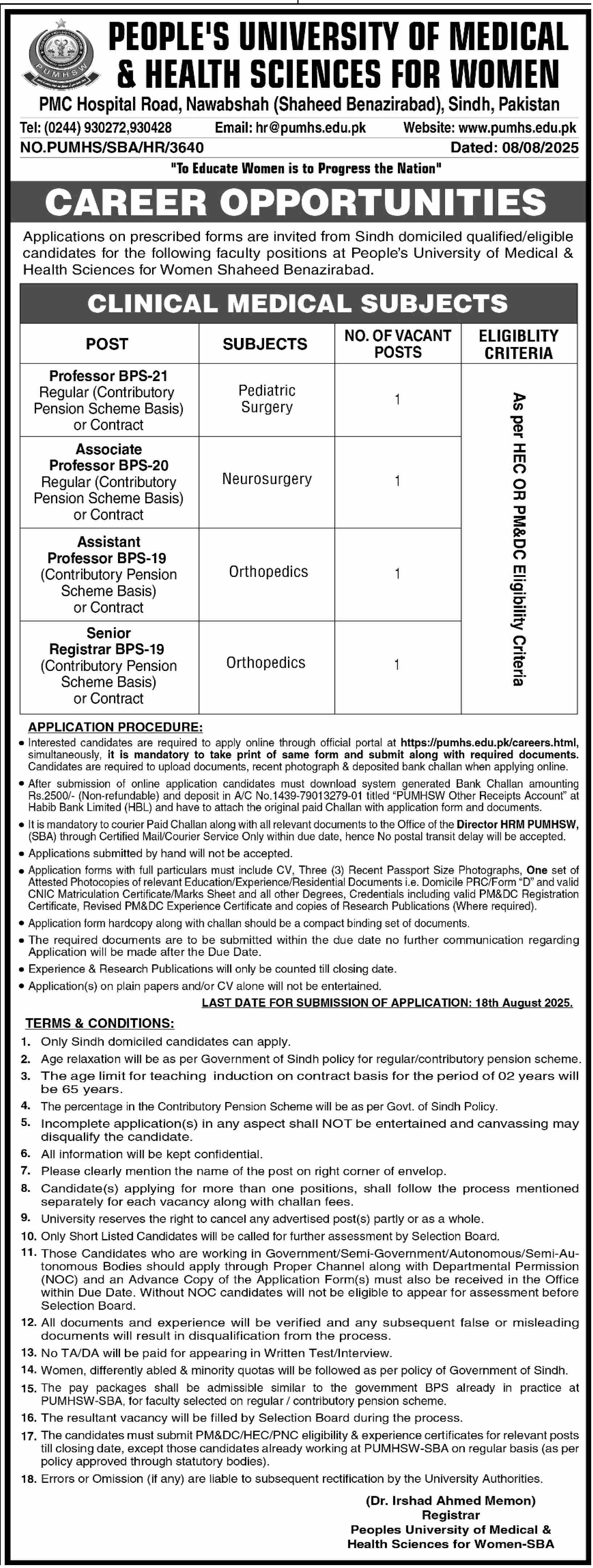 Jobs in Peoples University of Medical Sciences for Women Nawabshah